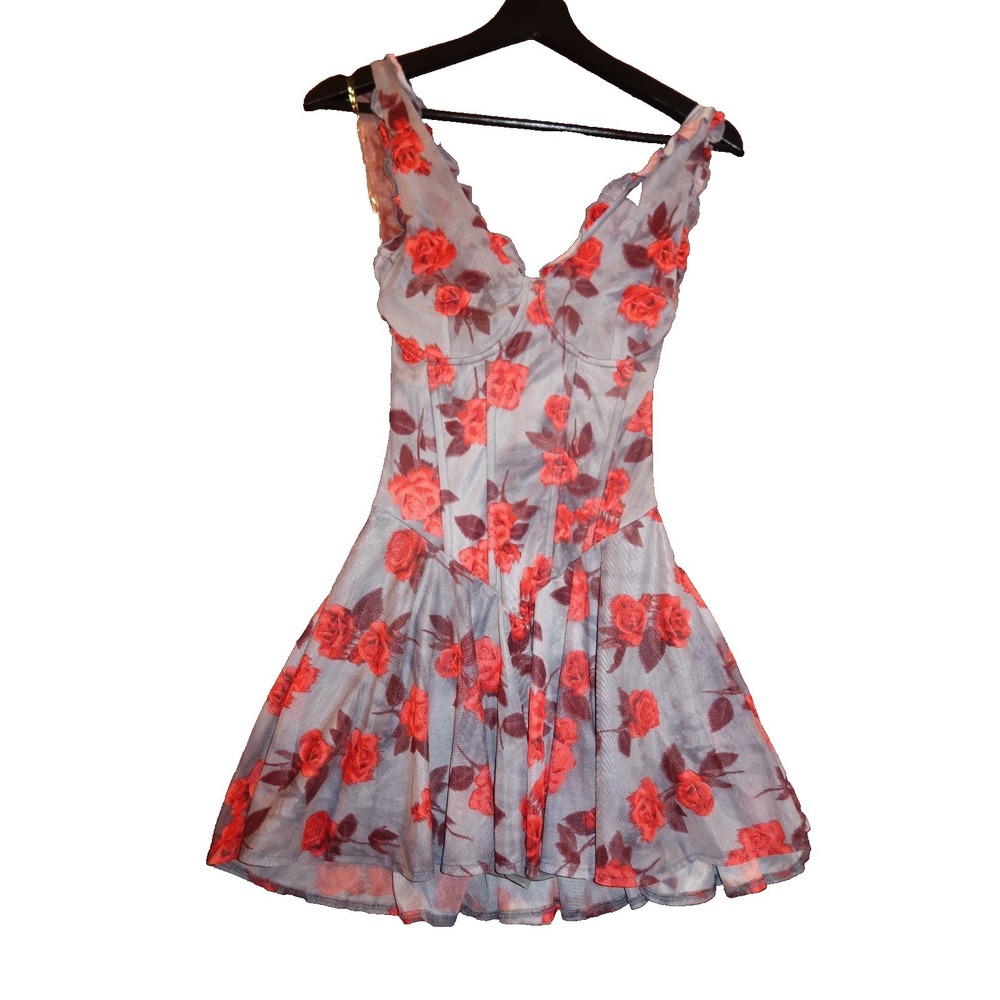 AKIRA Red Rose Mesh Corset Mini Dress Floral Bustier Romantic Fairy Grunge M